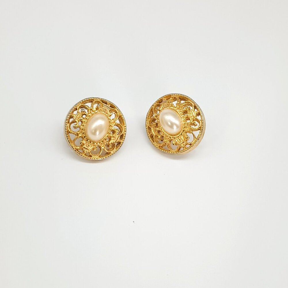 1928 Pearl Filigree Button Earrings Round Gold Tone Stud Jewelry made in USA